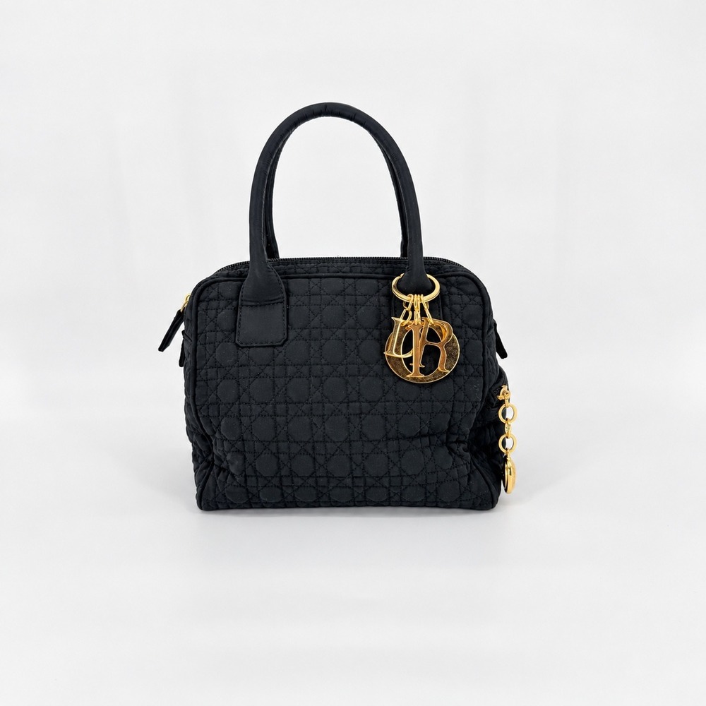 Vintage Dior Lady Dior Nylon Handbag Black Quilted Cannage Gold Charm Classic